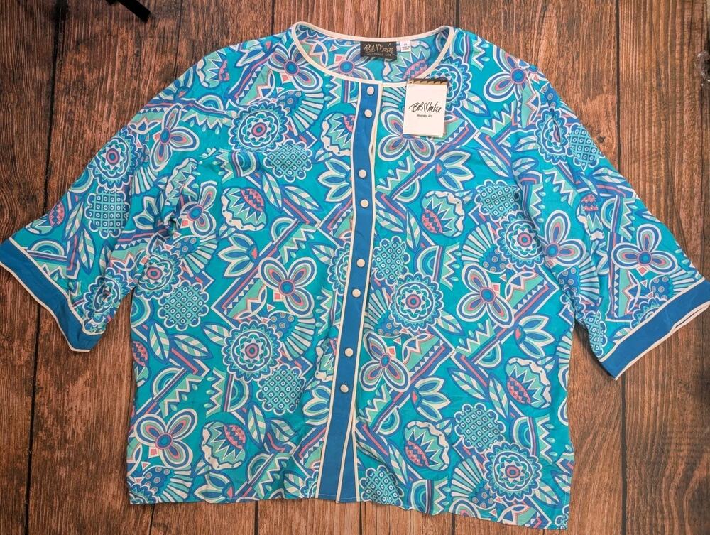 New Bob Mackie WOMENS 100% Silk Boho Beach Blouse Art For Wear Blue NWT Size 2X